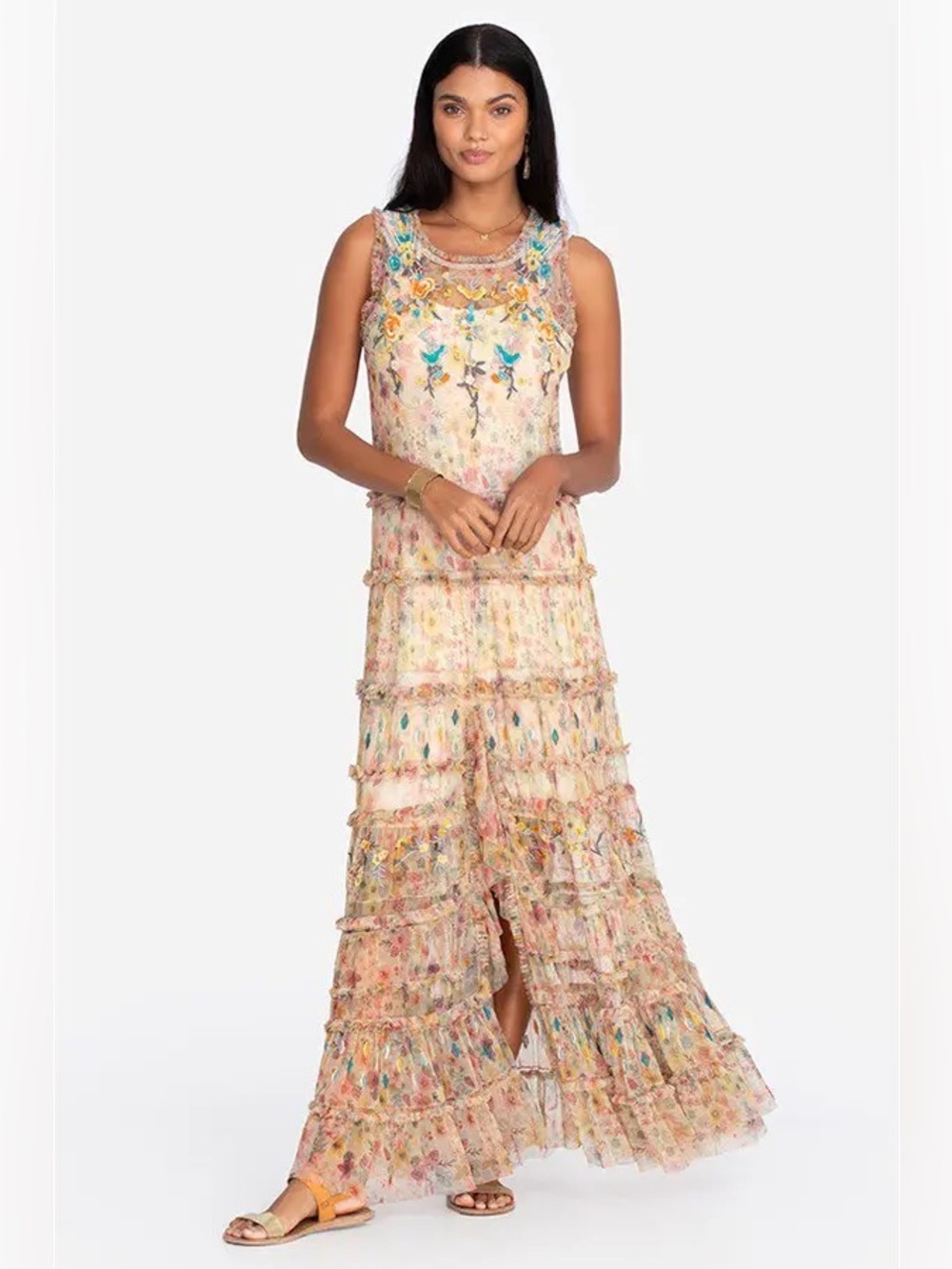 Johnny Was Biya Catry Mesh Embroidered Tiered Maxi Dress Sz-S